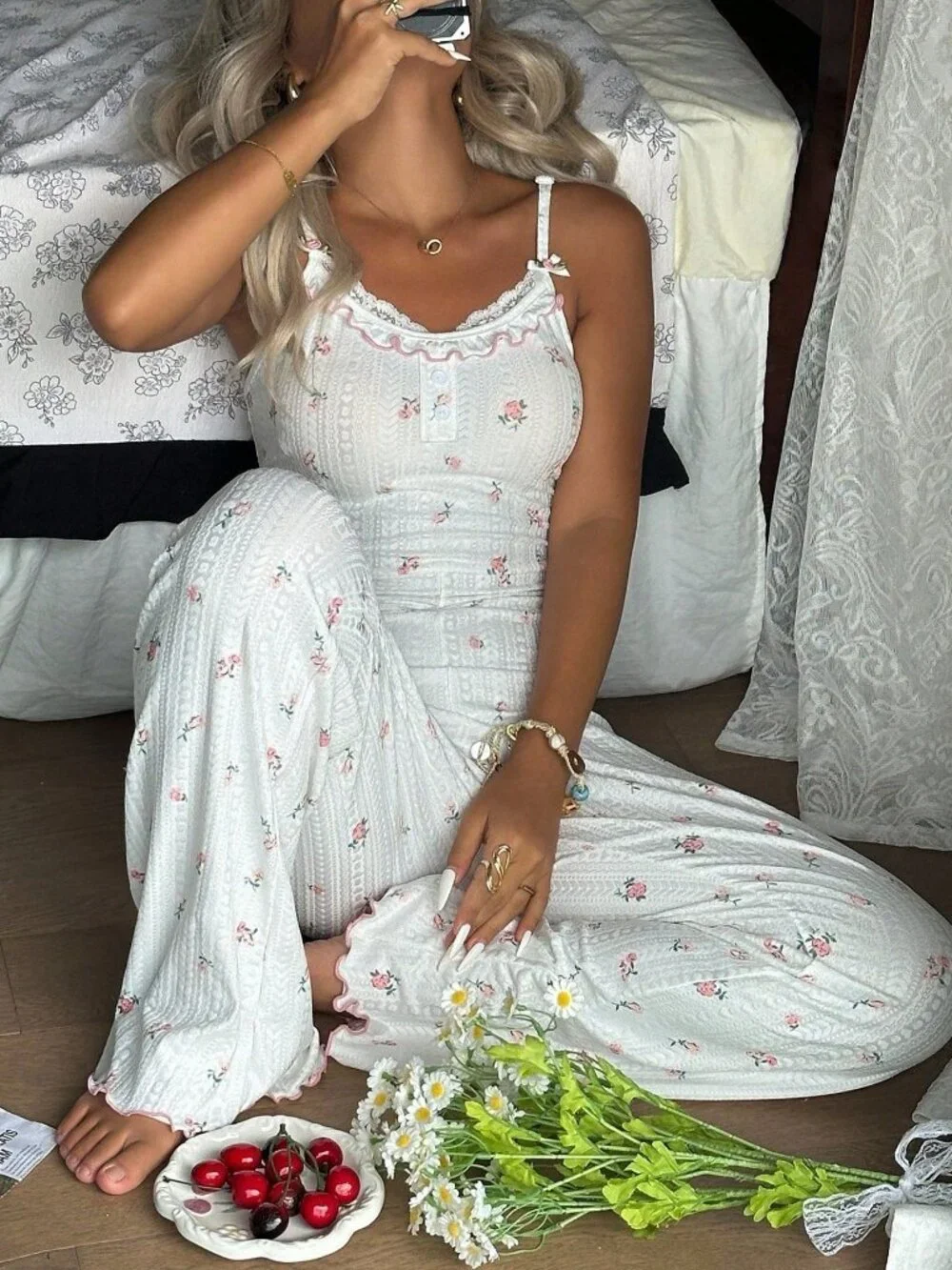 White Casual Women's Lace detailed Open Back Design Pajama Jumpsuit